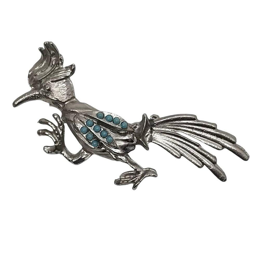 Vintage Silver Tone Roadrunner Brooch With Faux Turquoise Accents